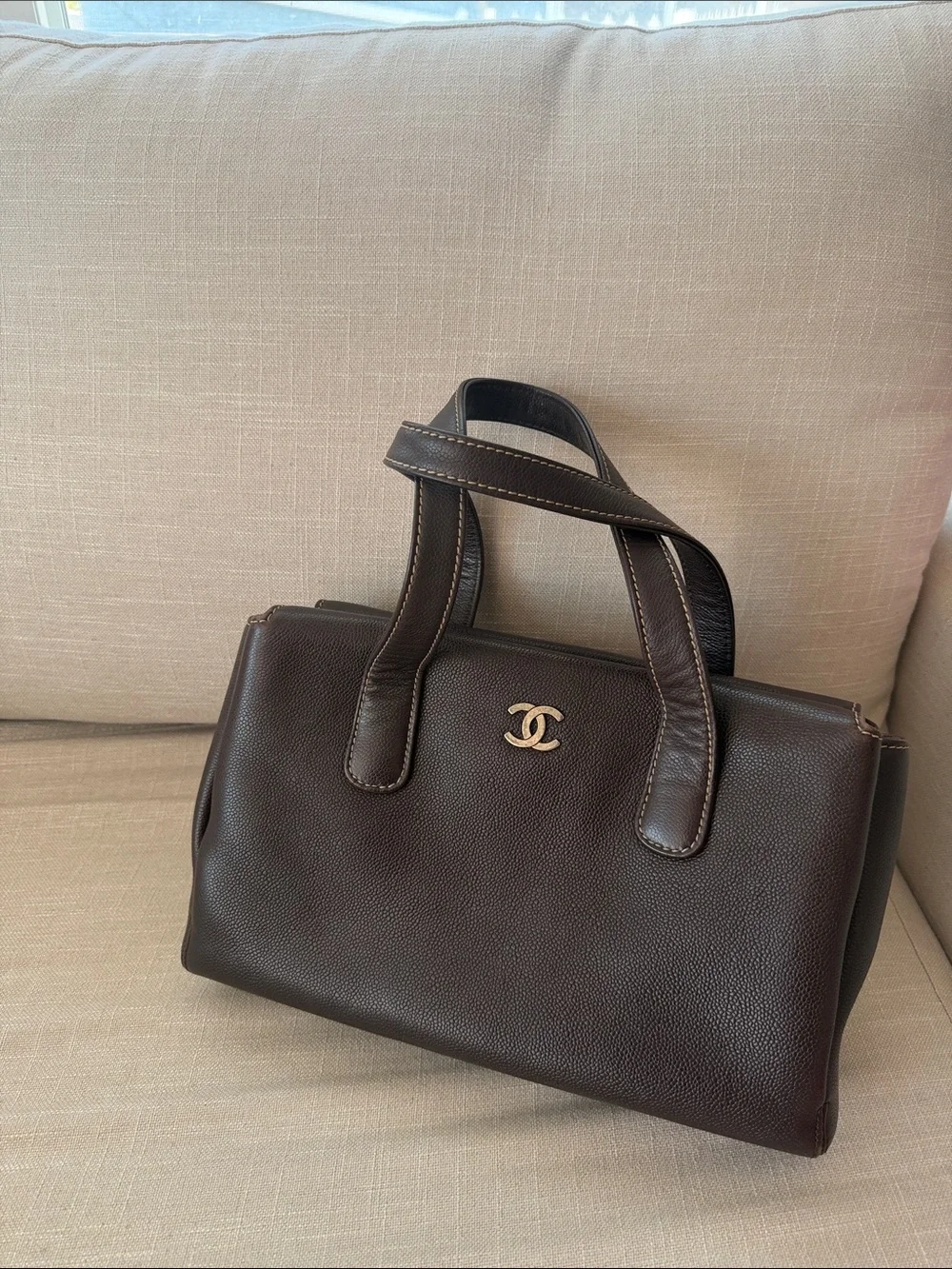 CHANEL Chocolate Brown Leather Double-C Top-Handle Bag